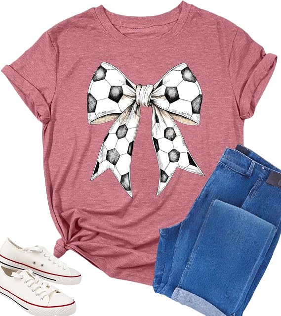 Womens Soccer Shirt Soccer Season T-Shirt Soccer Mom Shirt Bow Tshirt Game Day Causal Cute Ball Player Vibes Tee Tops