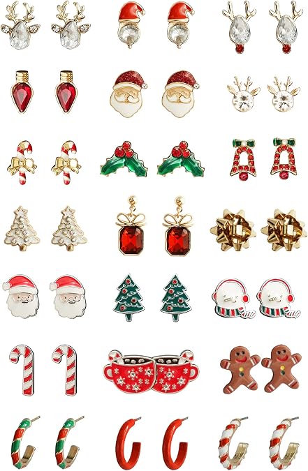Christmas Stud Earrings for Women Chirstmas Tree Snowflake Bow Gift Box Santa Claus Gingerbread Earrings Set Xmas Holiday Gifts
