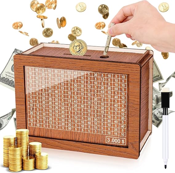 Wooden Money Box Money Bank, Countdown Money Saving Box with 3000 Dollars Target, Money Box with Money Target and Numbers to Check for Boys Girls (3000 USD)