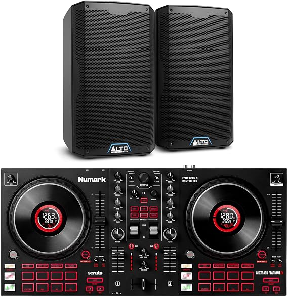 Numark Mixtrack Platinum FX DJ Controller and ALTO TS410 Powered PA Speakers Pair for Live Music, DJ sets, Events, Music production