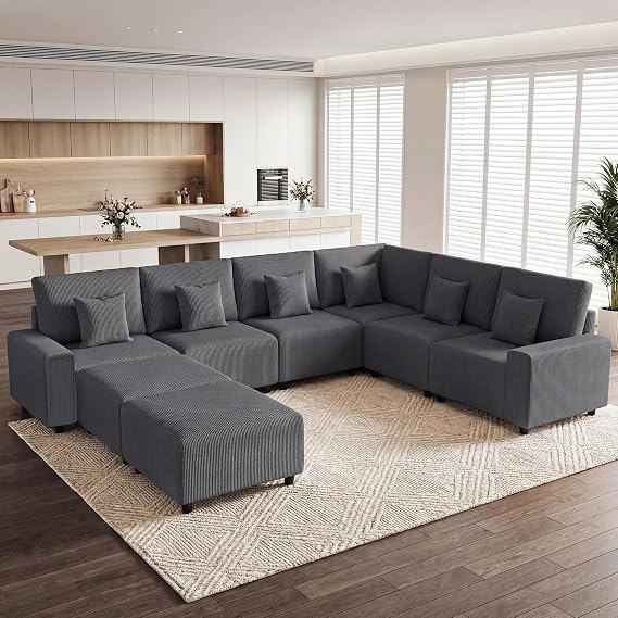 Oversized Modular Sectional Sofa, Corduroy Cloud Couch with Deep Seat | Flexible Configurations, High-Resilience Foam, Wide Armrests, Durable Frame Support, Removable Washable Covers, Easy Assembly