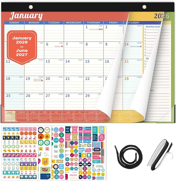 Ospelelf 2026 Desk Calendar with Plastic Cover, 12'' x 17'' Magnetic Fridge Calendar for Wall, 18 Month Deskpad Calendars for Office, Family, Use January 2026 - June 2027, Colors