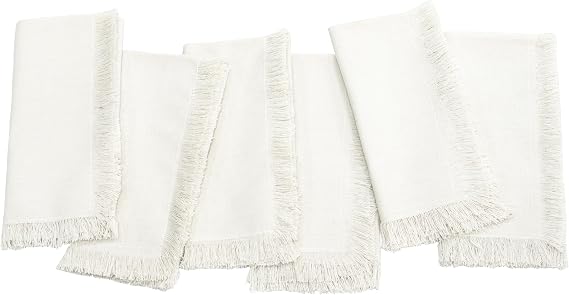 PurpleEssences Cloth Napkins with Fringes 18x18 in Set of 6 - Beige