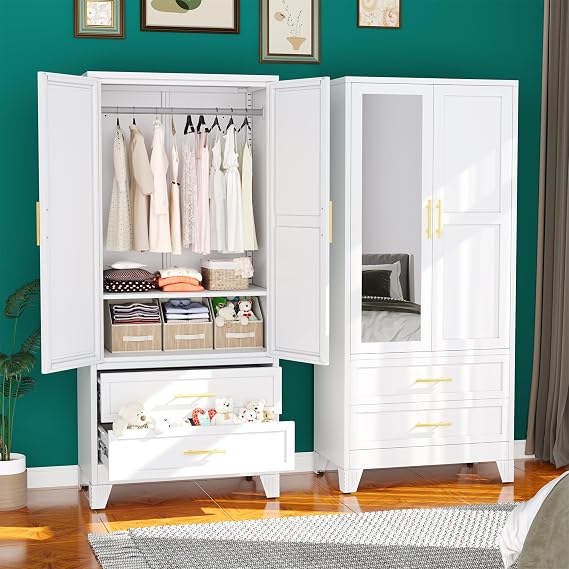 erosoei Metal Armoire Wardrobe Closet, 71 "Metal Clothing Storage Cabinet with Mirror and Adjustable Shelves, Household Steel Wardrobe Storage Cabinet with 2 Drawers and Hanging Rod(Armoire-White)