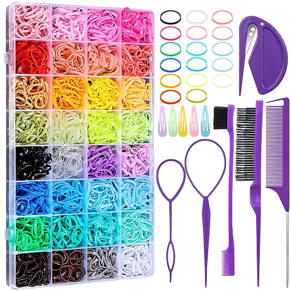 Auroray 32 Colors Small Hair Rubber Bands with 16 Styling Tools, 2000 Pcs Elastic Girl Baby Hair Ties, Mini Bands with Elastic Cutter, Hair Accessories Xmas Stuff for Girls Baby Toddlers Kids