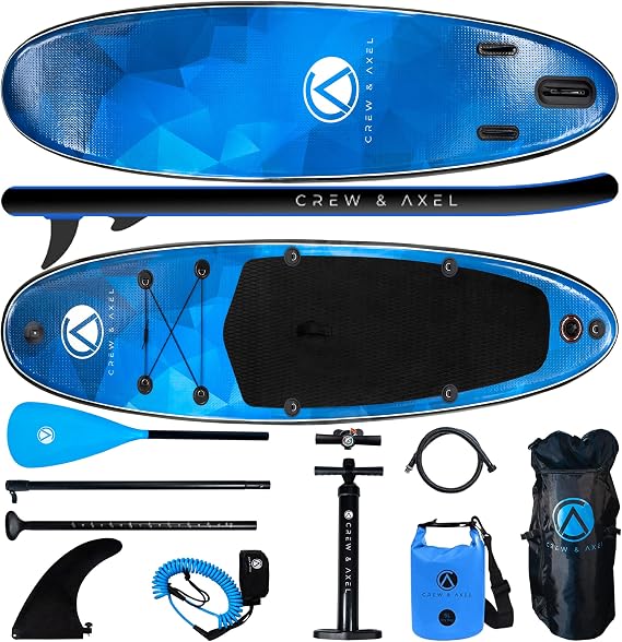 Crew Axel Inflatable Paddle Board 10336 Extra Wide & Lightweight (18lb) Paddle Board Premium SUP Set Includes 2 Bags, Floating Paddle, Camera Mount, 3 Fins, Dual Pump Kit