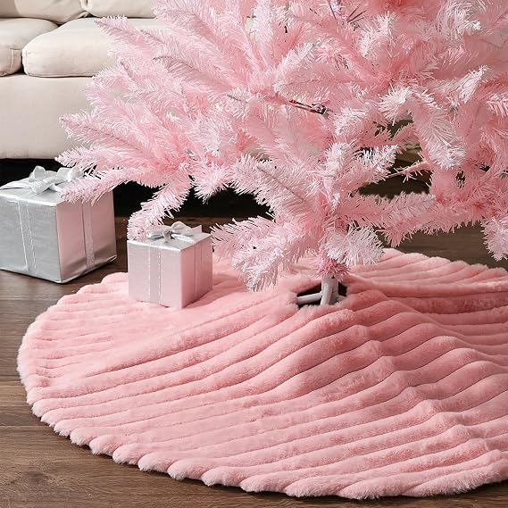 Faux Fur Christmas Tree Skirt: 36 Inch Pink Plush Faux Fur Christmas Tree Skirt with Stripe Textured Pattern, Soft Christmas Tree Decorations for Merry Christmas Home Decor Xmas Party Gifts