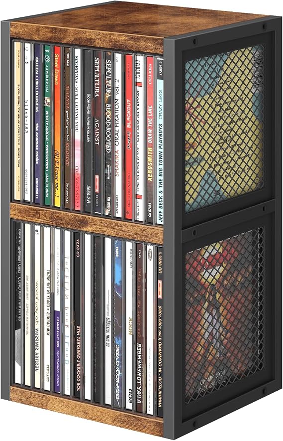ELITEROO CD Holder Desk Rack Organizer, Wooden CD Storage Stand Holds up to 30 Cd Cases, 2 Tier CD Tower with Mesh Sides, Retro Small CD Display Shelf for Theatre Room, Home Collectibles, Rustic Brown