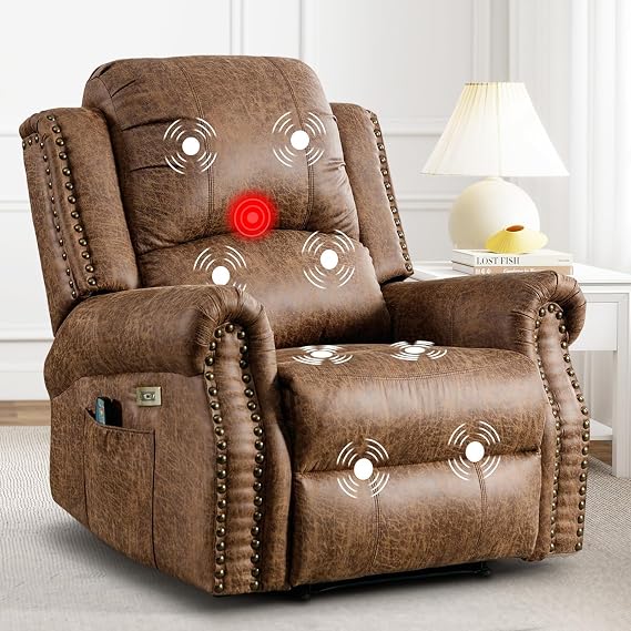 ANJ Large Power Recliner Chair with Heat and Massage, Faux Leather Electric Overstuffed Wide Recliners for Living Room, Classic Single Seat Sofa with Brass Rivets USB Port (Light Brown)