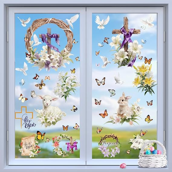 Easter Window Clings Stickers 56pcs, Easter Cross Color Sheep Lily Butterfly Wreath Window Stickers Decor, 9 Sheets Static Sticker for School Home Office Party Accessory Supplies