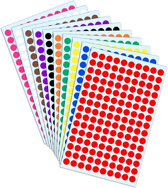 3000 Pieces, Small Colored Dot Round Stickers Labels - 10 Colors, 0.375"
