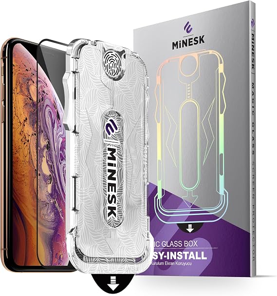 Minesk MAGIC GLASS iPhone 11 PRO MAX - Screen Protector with Automatic Alignment Apparatus for XS MAX (Powered Tempered Glass) With Dust Collection Feature When Installing (XS MAX - 11 PRO MAX)