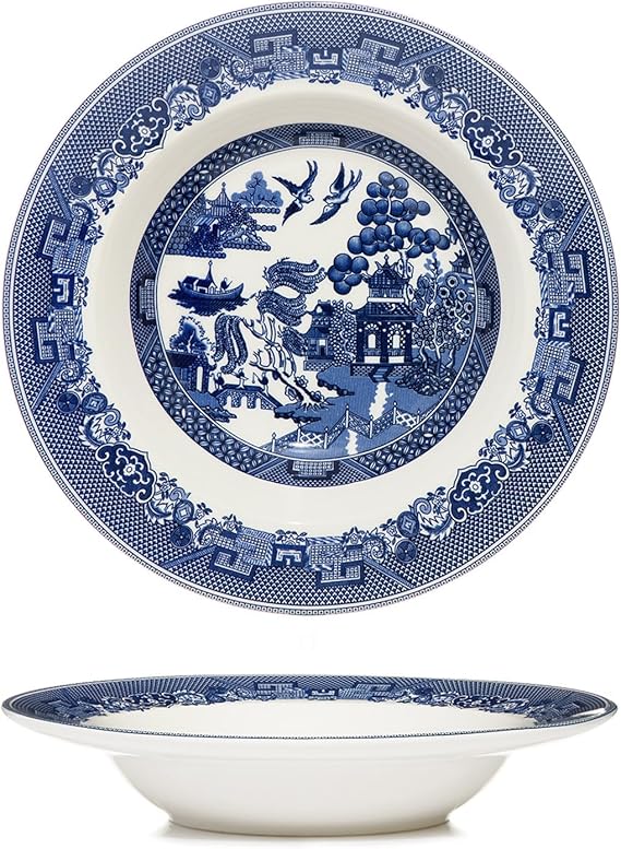 Blue Willow Soup Plate 22cm Rimmed Scallop Salad Bowl Vintage Oriental Birds