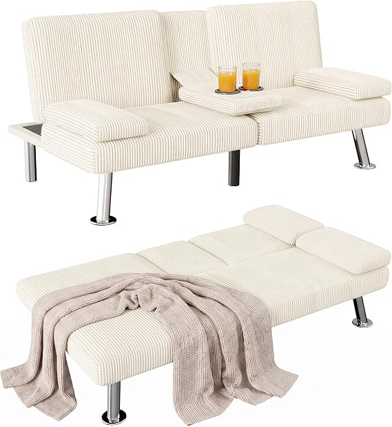 Homall Beige Corduroy Futon Sofa Bed, Futon Couch for Living Room