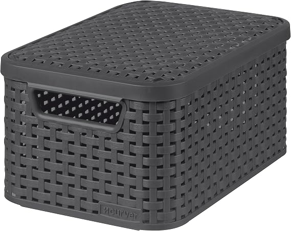 Curver - Basket with lid Rattan Style Small, Anthracite
