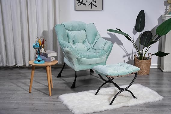 Modern Lazy Chair with Ottoman, Accent Contemporary Lounge Chair with Armrests and a Side Pocket, Leisure Upholstered Sofa Chair Reading Chair with Footrest for Small Space, Corner Chair (Green)