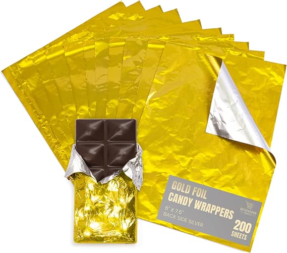 Better Kitchen Products Gold Foil Candy Wrappers, 6" x 7.5", Back Side Silver, Individual Chocolate Packaging, Foil Wraps for Chocolate Bars, Fudge, Brownies, Fruit Bars, (200)