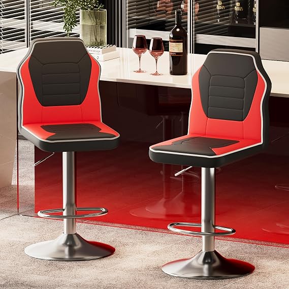 Racing Style Bar Stools Set of 2, Adjustable Counter Height Chairs with Faux Leather, 360 Swivel Bar Stools with Backs, Racing Seat Bar Stool Chairs, Black/Red