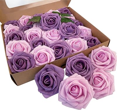 Mellamo Artificial Flowers Fake Roses Dusty Purple Rose 25pcs Foam Lilac Flower Valentines Day for Wedding Bouquets Baby Shower Party Centerpieces Flower Arrangements Decor25 PCS