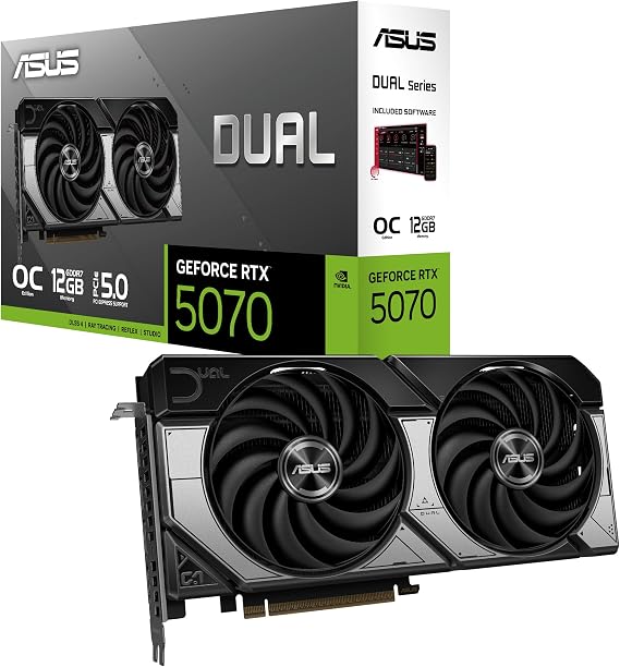 ASUS Dual GeForce RTX 5070 12GB GDDR7 OC Edition PCIe 5.0, 12GB GDDR7, DLSS 4, HDMI 2.1b, DisplayPort 2.1b, Dual Fan, Axial Technology Fan Design DUAL-RTX5070-O12G