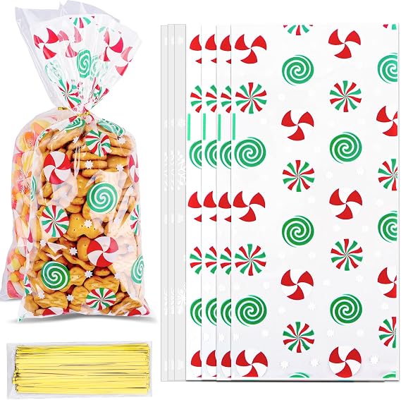 Christmas Cellophane Treat Bags, Christmas Candy Bags, Xmas Snowflake Treat Bag,Clear Plastic Cello Cookie Snack Goodie Gift Bag Packing Bags with Twist Ties for Winter Holiday Xmas Party Supplies, 50 PCS