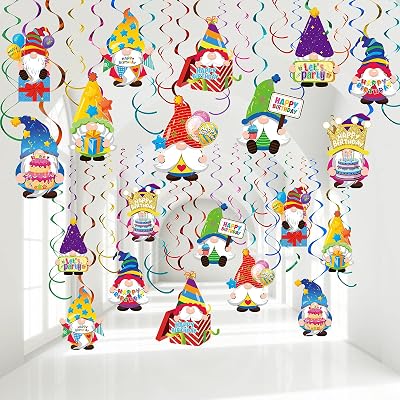 Nezyo 30 Pieces Gnome Birthday Party Decorations Happy Birthday Swirls Decorations Gnomes Hanging Swirls Ceiling Streamers for Party Decor Supplies Ornaments, 10 Patterns