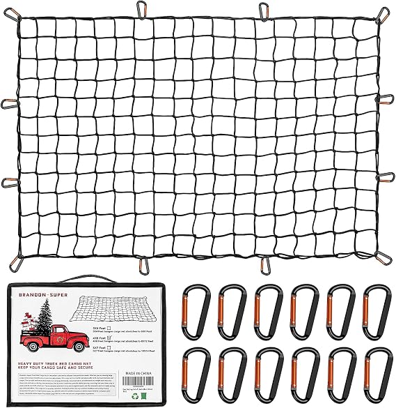 Heavy Duty Cargo Net for Pickup Truck Bed - Stretches from 3' x 4' to 9' x 12' - 12 Metal Carabiners - Compatible with Ford, Dodge RAM, Chevy, Toyota - Ideal for (Black, 3X4 Feet)