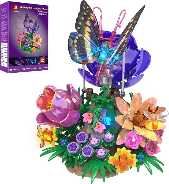 JMBricklayer Butterfly Building Set with Light for Adults, Botanical Flowers Collection Brick Toy Set with 4-Pair Wings, Creative Birthday Valentine's Day Gift for Women Mom Girlfriend Wife