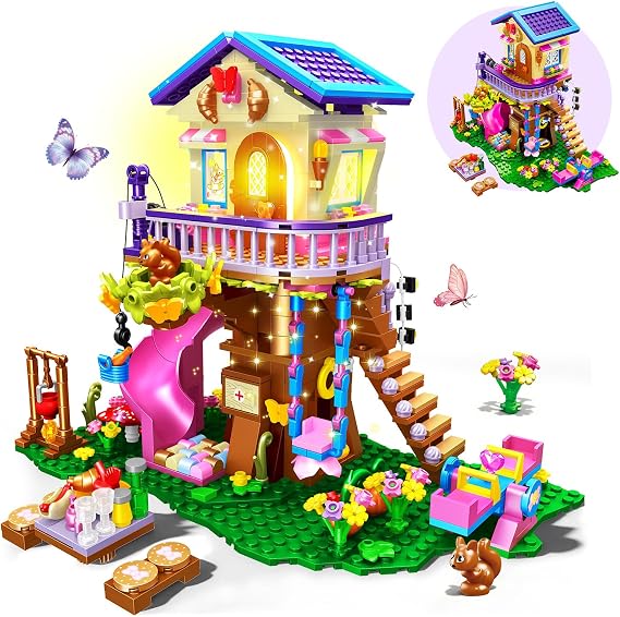 CUBIMANA Tree House Building Set with LED Light for Kids Girls Boys Age 8+ | 618PCS Forest Up House Building Toys Set with Slide & Fun Accessories, Birthday Gift for Kids Girls Boys
