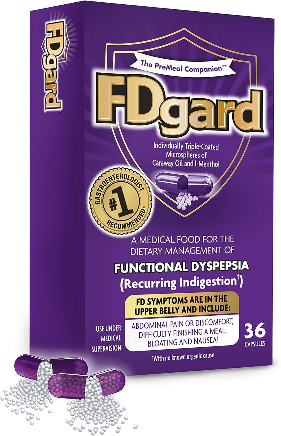 FDgard® for Functional Dyspepsia Recurring Indigestion Symptoms Including, Abdominal Discomfort, Difficulty Finishing a Meal, Bloating, Nausea, 36 Capsules