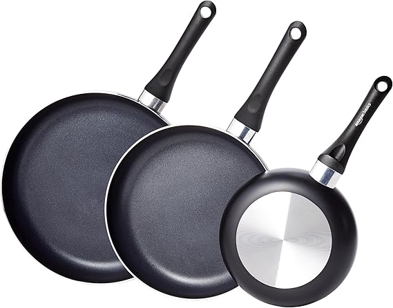 Amazon Basics Ceramic Nonstick Frying Pan Set, 3-Piece, 8 Inch, 10 Inch & 12 Inch, Black