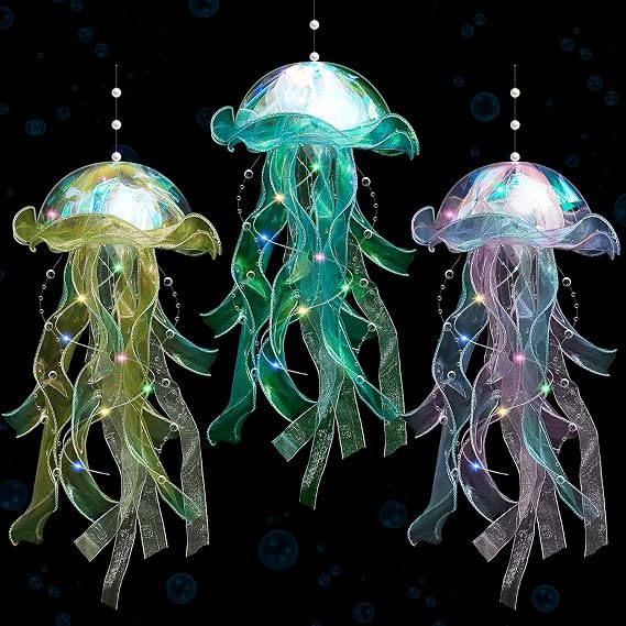 Rossesay 3 Pcs LED Jellyfish Hanging Decoration, Green, Yellow, Purple
