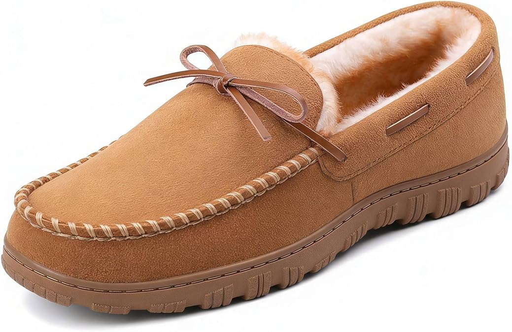 shoeslocker Men's Warm Soft Plush Memory Foam House Moccasin Slippers - Comfortable Non-Slip Indoor/Outdoor - Black, Beige, Brown