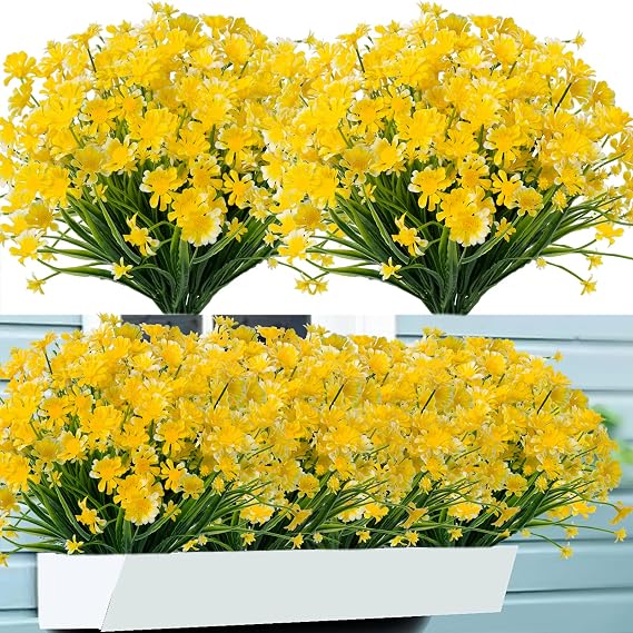 Outdoor Artificial Daisies Flowers,8 Bundles UV Resistant Fake Flowers Outdoor Faux Plastic Flowers Shrubs for Indoor Outside Garden Porch Home Decor(Yellow)