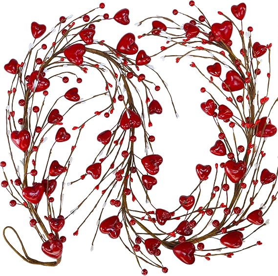 Winlyn 5.2' Valentine's Day Garland Red Heart and Berry Burgundy Berry Pip Artificial Garland Decorations for Spring Wedding Valentine Fireplace Mantel Table Decor (Red)