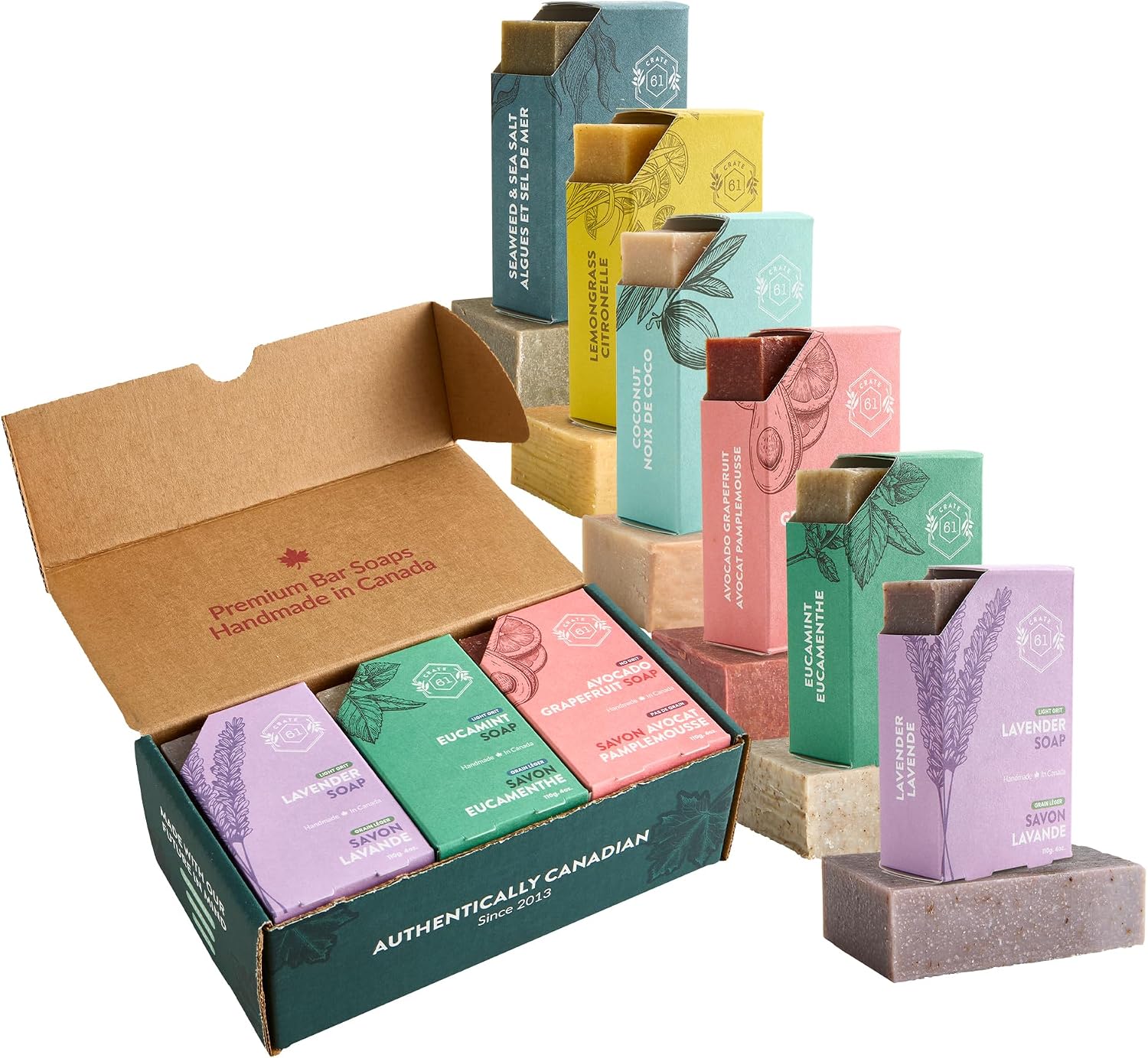Crate 61 Organics Best Selling Soap, Box of 6, 100% Vegan, Cold Process, Solid Soap, Scented with High Quality Essential Oils & Natural Fragrance, Unisex, Face & Body Use, 6 x 110g4oz