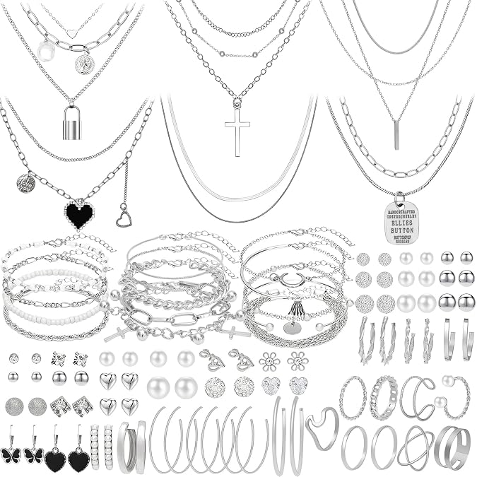 NEWITIN 100 Pcs Gold Silver Jewelry Set for Women Fashion Costume Jewelry | Bohemian Jewelry, Cubic Zirconia, Gold Plated Necklace Bracelet Ring Ear Cuff Earrings Set for Women Party Daily, Women Gifts