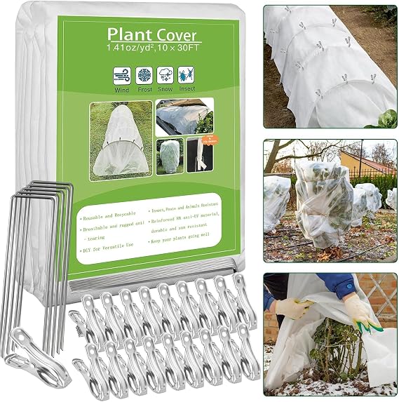 kockuu Plant Covers Freeze Protection, 10ft x 30ft 1.41 oz/yd2 Frost Cloth Plant Blankets Floating Row Covers with 20 Stainless Steel Clips for Winter Plants Gardens Frost/Sun Pests Protection, White
