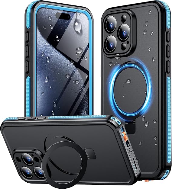 Magnetic for iPhone 15 Pro Max Case Waterproof, [Built-in Ring Invisible Stand & Screen Protector][IP68 Underwater][Dropproof][Dustproof][Real 360] Shockproof Protective Phone Case 6.7'' -Blue