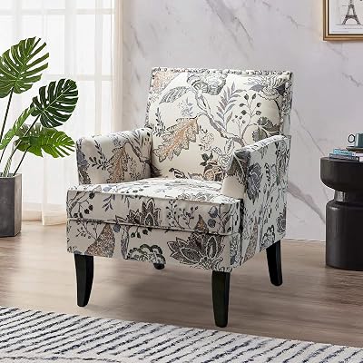 HULALA HOME Modern Accent Chair with Arms and Wooden Legs, Floral Patterned Accent Chair Armchair High Back Rest, Padded Armrest and Comfortable Cushioned Seat for Living Room Orange Grey Floral