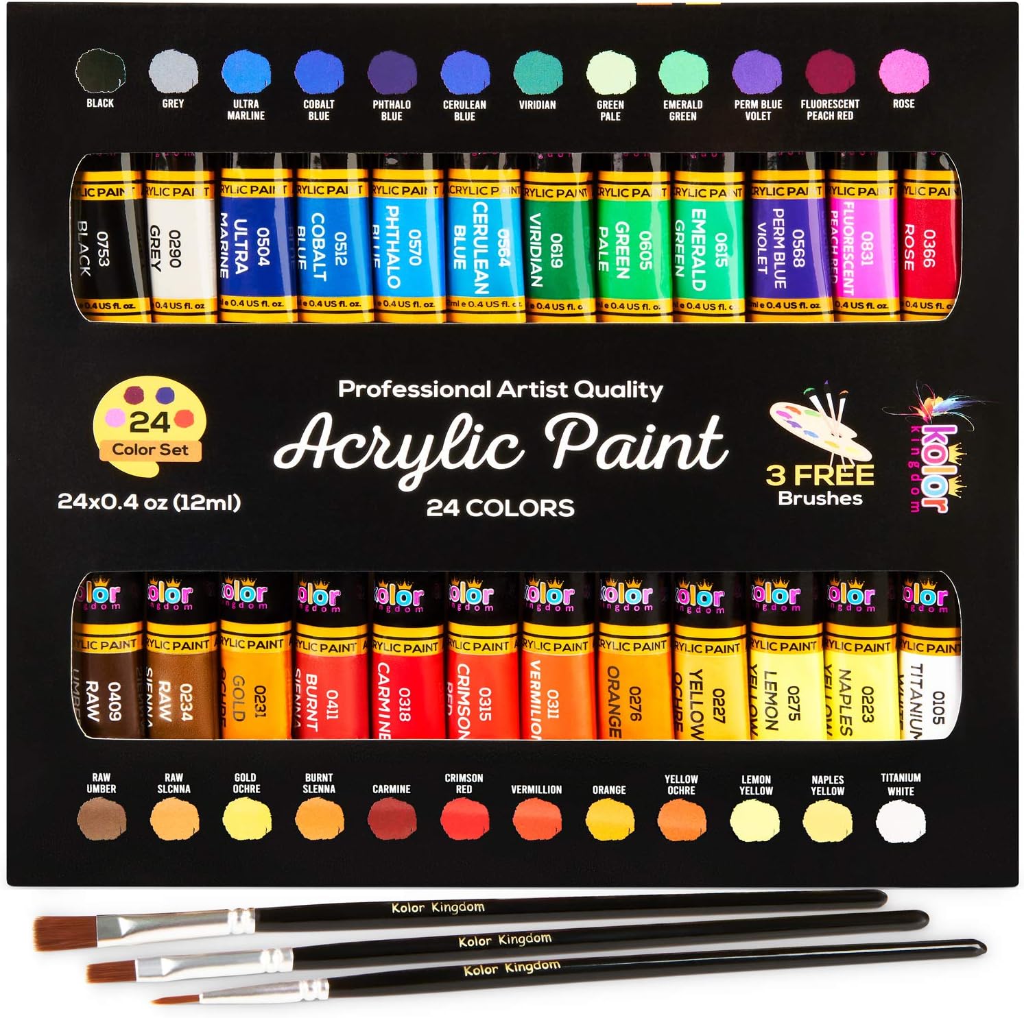 KOLOR KINGDOM Acrylic Paint Set 24 Colours Canvas Paints Kit with 3 Paint Brushes for Crafts,Kids Paints, Paper, Rock Painting, Wood,Ceramic & Fabric Vibrant Colors (24 X 12ML)