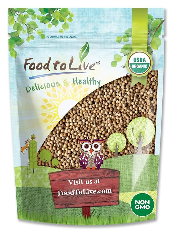 Organic Coriander Seeds, 8 Ounces Whole, Non-GMO Spice, Non-Irradiated, Vegan, Dry, Bulk, High in Dietary Fiber, Copper, Manganese, Magnesium, and Iron. Perfect for Garam Masala and Curry.