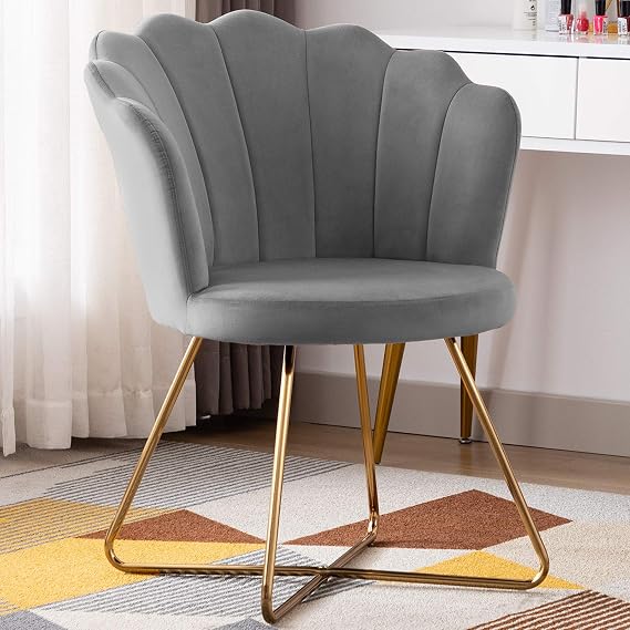 DUHOME Shell Shaped Velvet Accent Chair, Bedroom Golden Metal Leg Grey | Unique shell upholstered lounge armchair with polished golden metal legs for reception area leisure resting corner seating