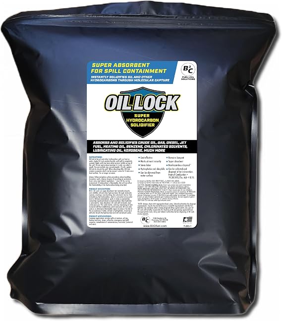 Oil Lock Super Hydrocarbon Solidifier Spill Absorbent 5 lb Bag. Instantly Absorbs and Solidifies Oil, Gas, Diesel, Jet Fuel, Heating Oil, Benzene & More. Equivalent to 55 lbs of competitor's Product.