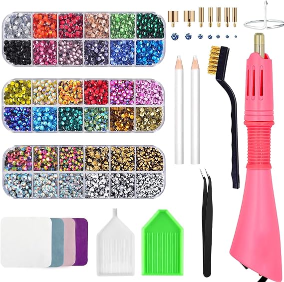 Bedazzler Kit with Rhinestones, Hot Fixed Gems Craft Applicator - Diamond Painting Pen, Wax Pencil, Tweezers, Tray, Cleaning Brush & Cloth, 28 Colors Rhinestones Crystals for DIY Clothes Shoes