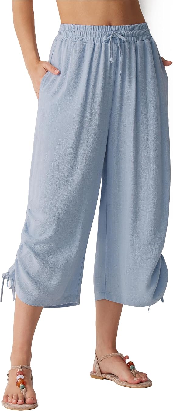 MOOSLOVER Women Linen Capri Pants Wide Leg Cropped Pants Summer Beach Travel Vacation Outfits with Pockets