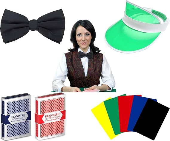 Deluxe Home Casino Night Poker/Blackjack Games Dealer Kit - Includes Dealer Visor, Armband, Bowtie, Cards and Cut Cards!