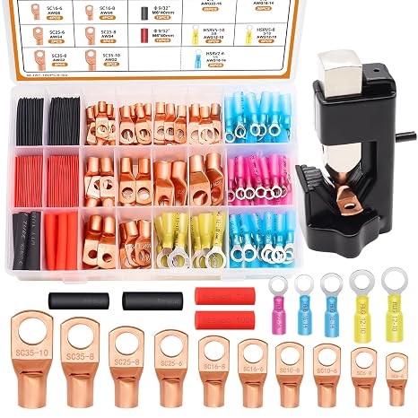 mankk 180PCS Copper Wire Lugs with Tool AWG 2 4 6 8 10 12 14 16 Gauge Battery Terminal Connectors Battery Cable Ends Connectors Copper Ring Terminal Kit with Heat Shrink