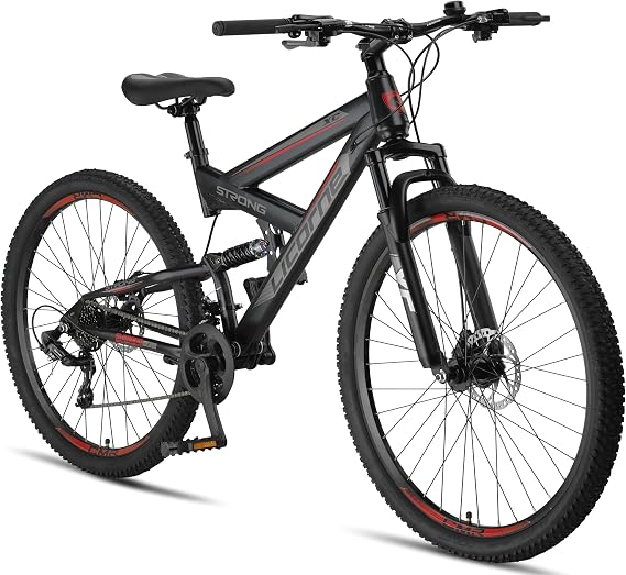 Licorne Bike Strong 2D Premium Mountain Bike in 26 27.5 and 29 Inch Bicycle for Boys Girls Women and Men Disc Brake Front and Rear 21 Speed Gears Full Suspension