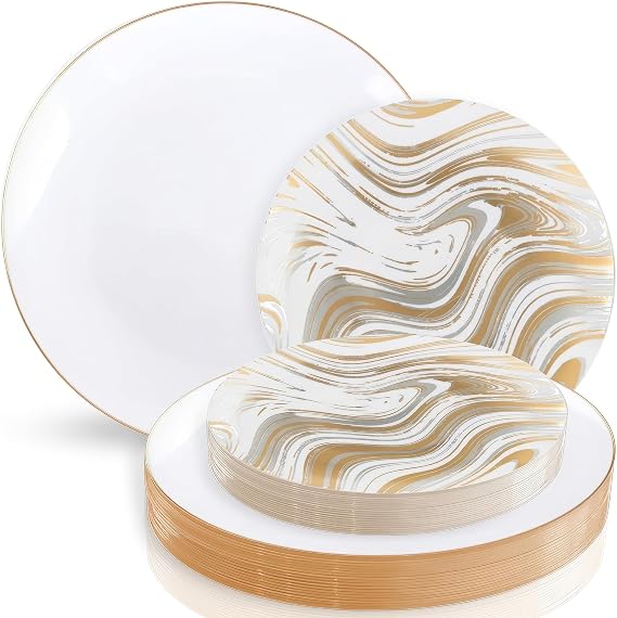 Blue Sky Curve Elegance Gold & Silver Disposable Plastic Plates - 32 Count, 7.5" & 10" Combo Pack | Premium Round Set for Party & Event Dining